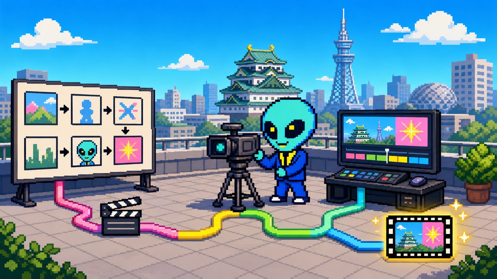 名古屋の屋上で企業動画の企画・撮影・編集を進めるドット絵のエイリアン