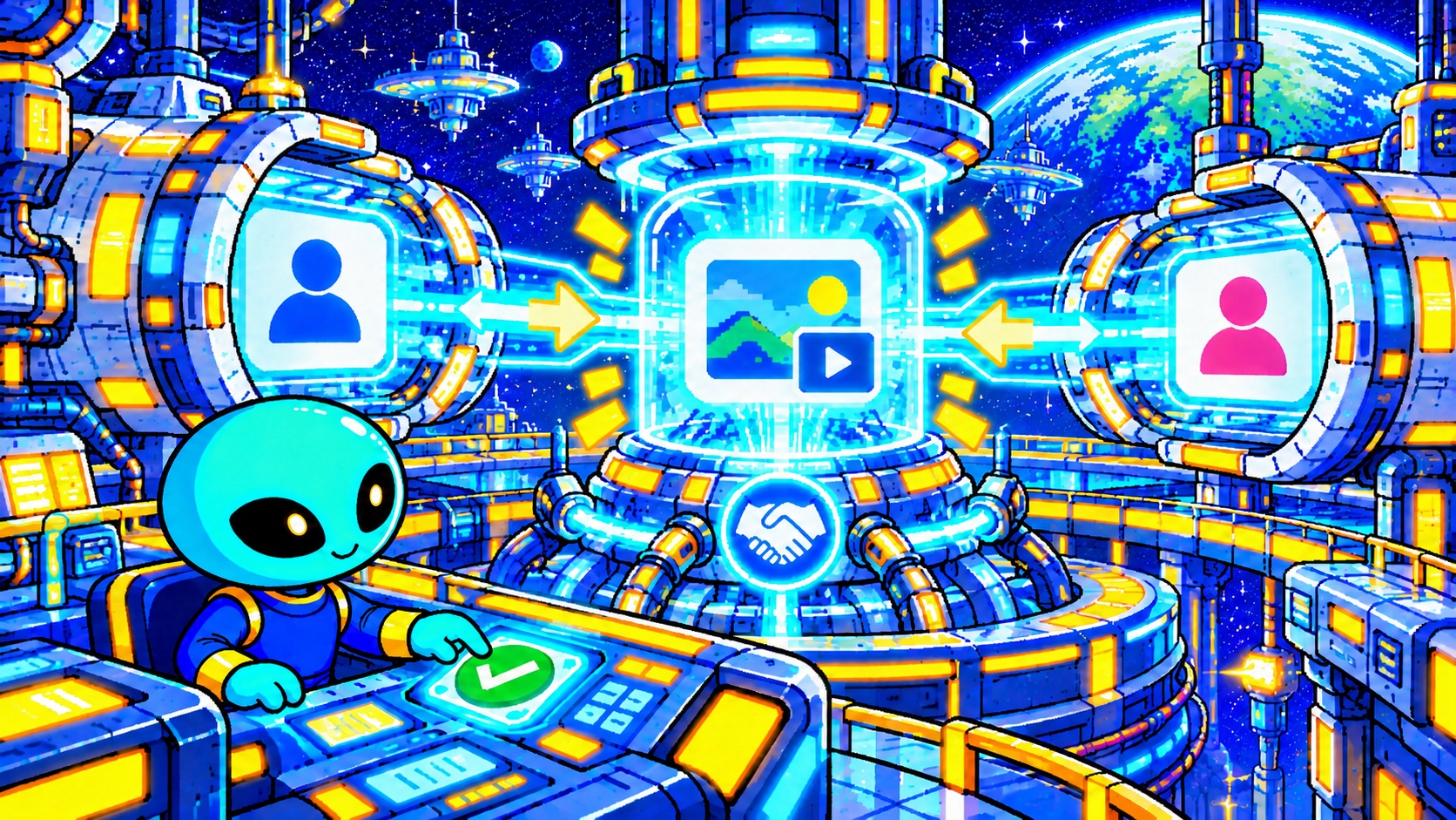 2つのアカウントゲートから1つの共同投稿カプセルへ接続し承認を確認する角のないドット絵エイリアン
