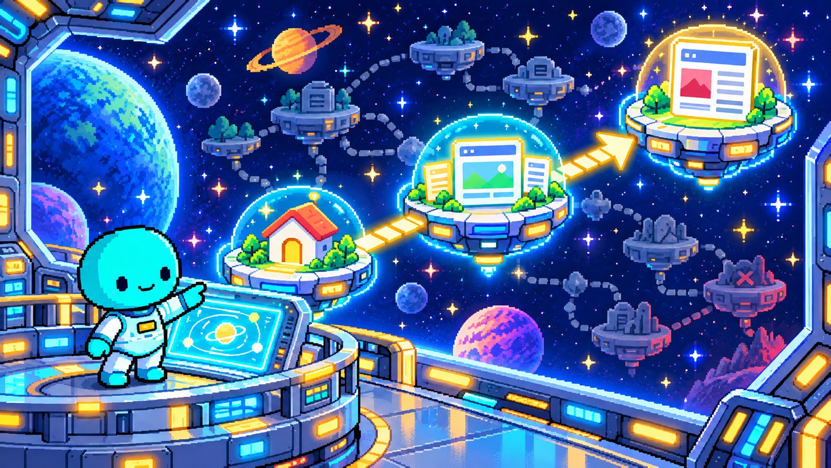 ホーム・カテゴリ・記事を結ぶ宇宙航路でパンくず階層を確認する角のないドット絵エイリアン