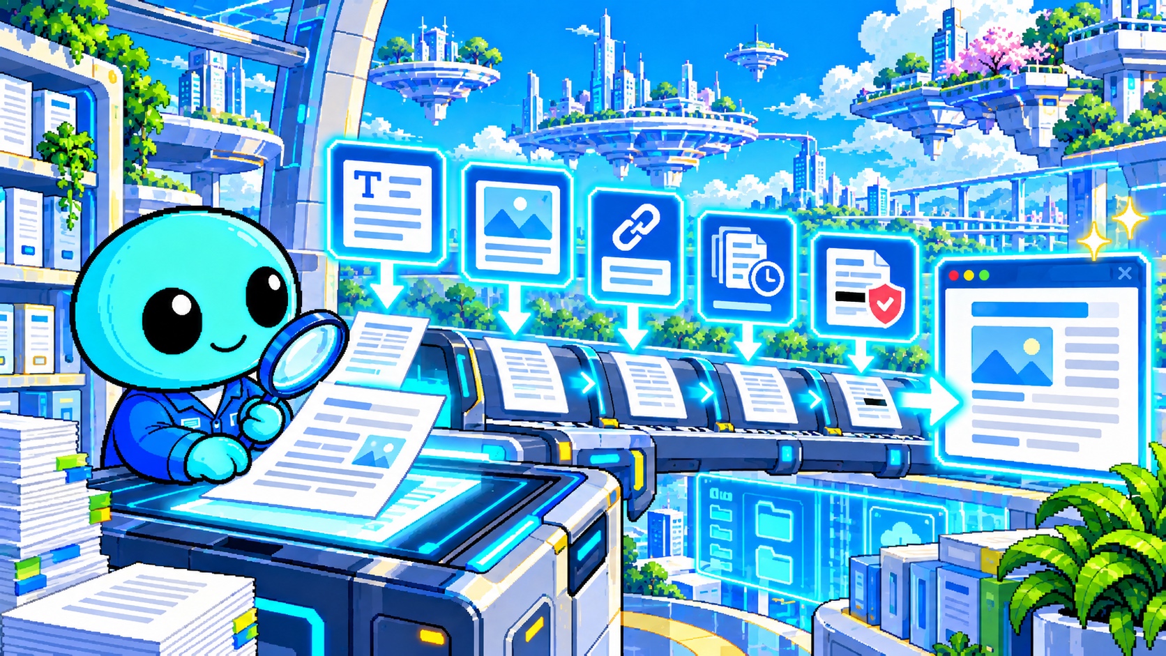 公開PDFをテキスト・リンク・版管理の工程へ通す角のないドット絵エイリアン