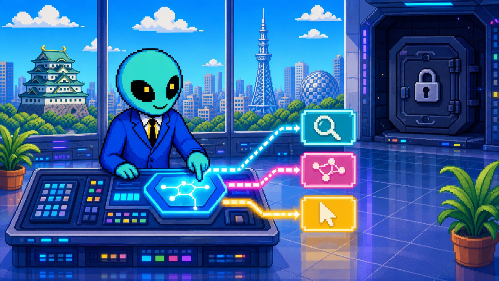 AI検索・学習・ユーザー操作の3経路と保護領域を振り分けるドット絵エイリアン