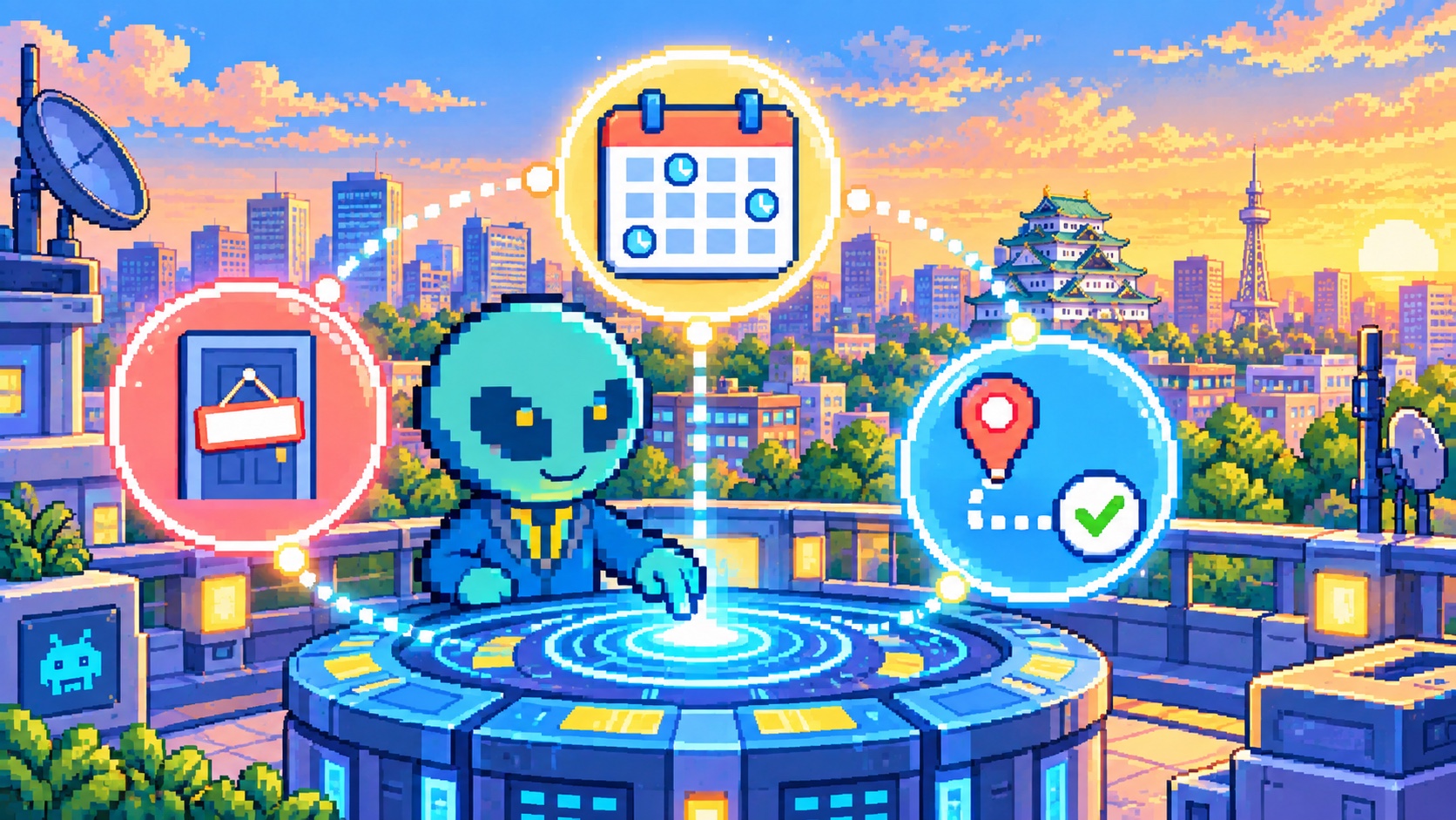 診療時間・臨時休診・予約リンクの3つの信号を同期するドット絵エイリアン