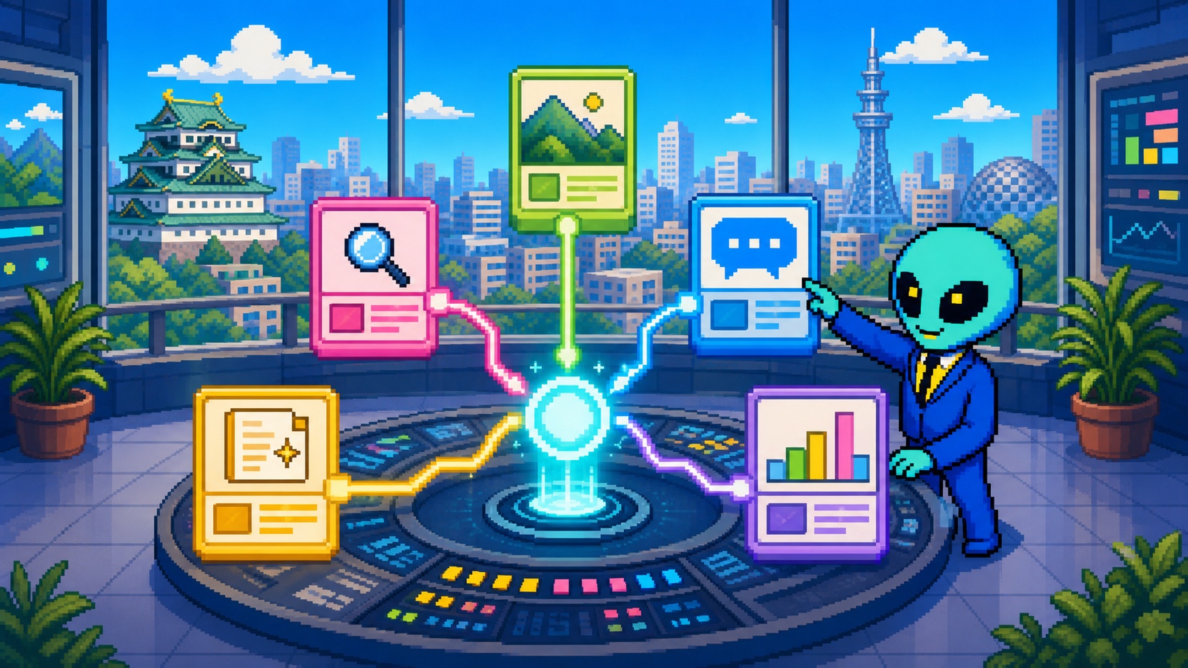 医療サイトの5つの情報ブロックをAI検索の光るビーコンへつなぐ角のないドット絵エイリアン