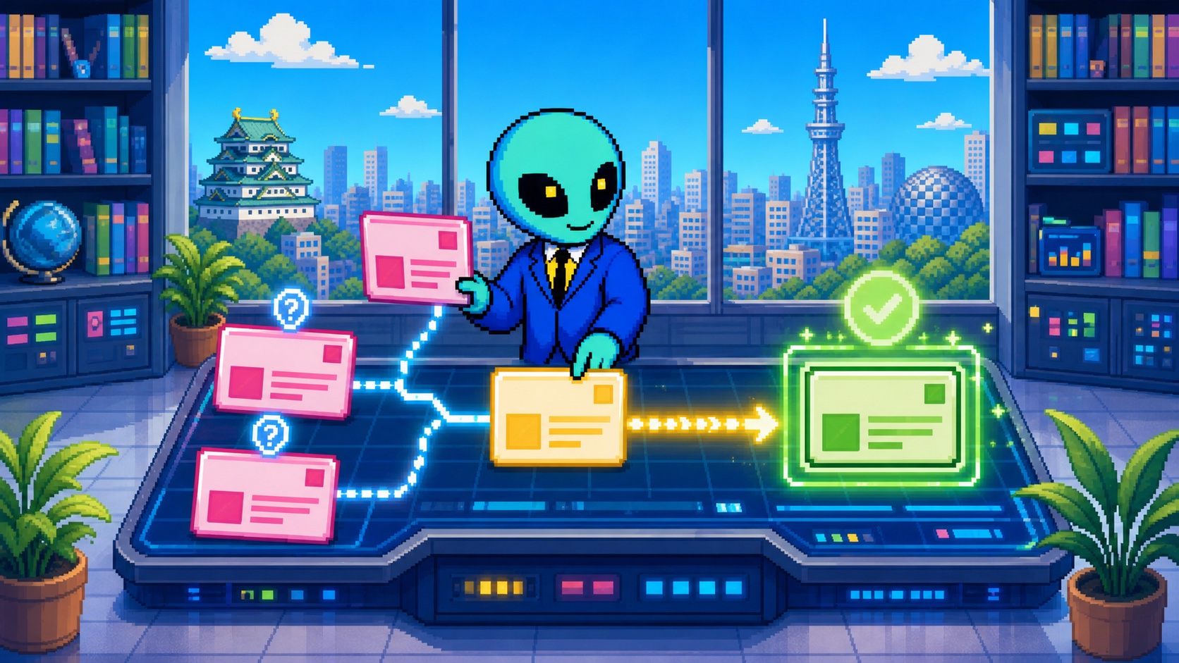 医療サイトの複数の質問カードを一つの回答導線へ整理するドット絵エイリアン