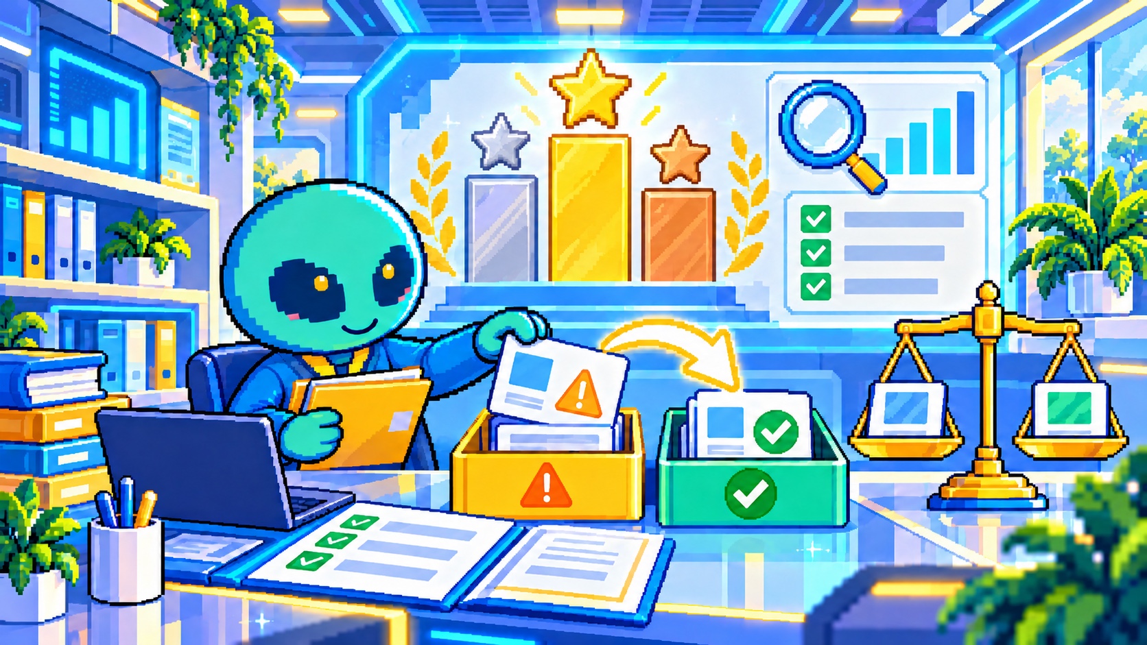 ランキング表示と調査資料を照合する角のないドット絵エイリアン
