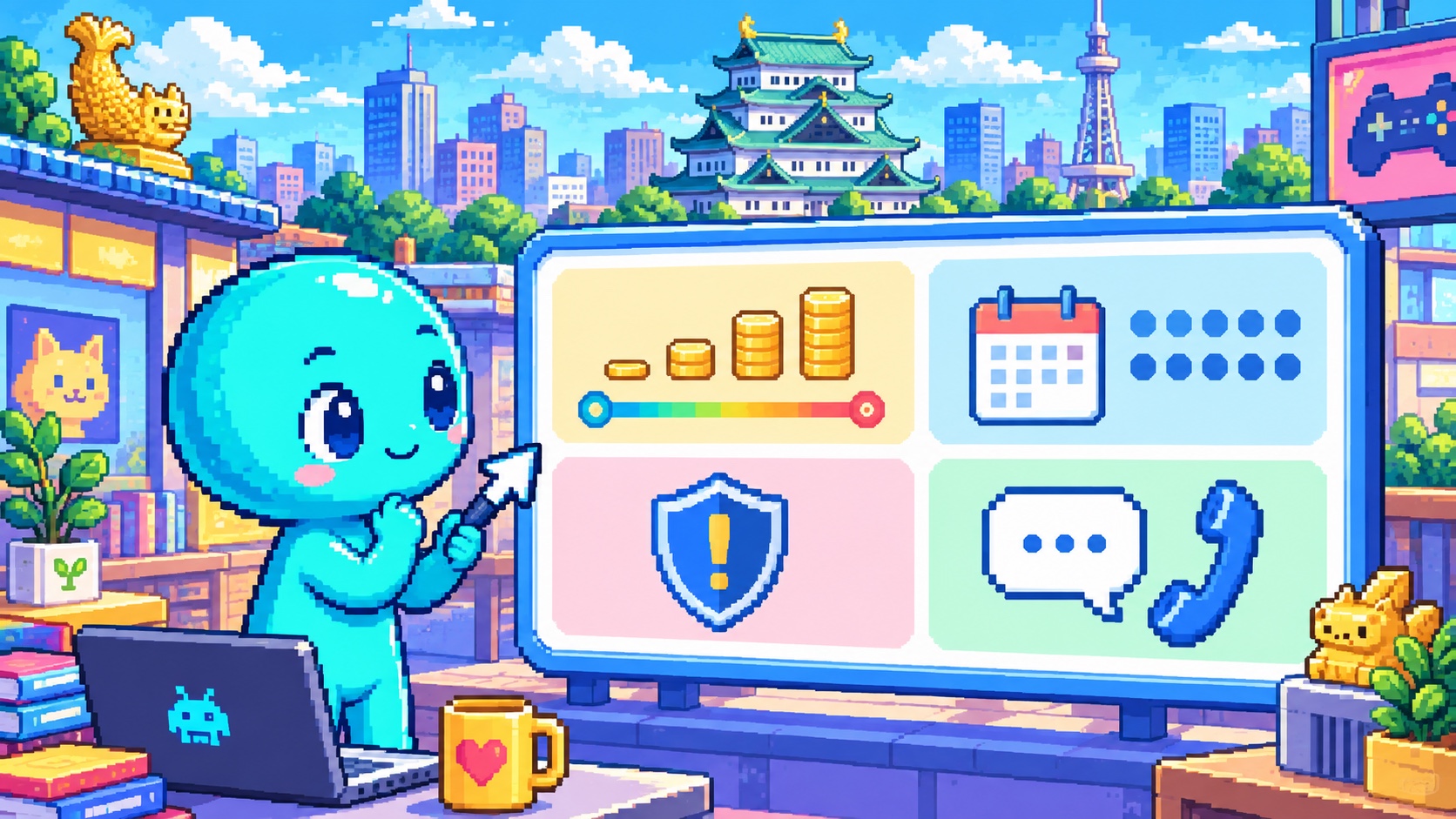 自由診療ページの費用・期間・リスク・問い合わせを情報パネルで確認するドット絵エイリアン