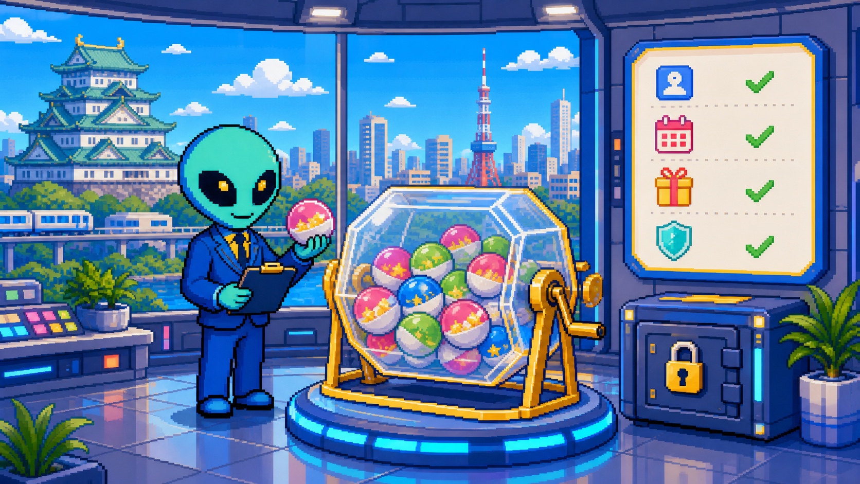 SNSキャンペーンの抽選前に規約・景品・個人情報を点検するドット絵エイリアン