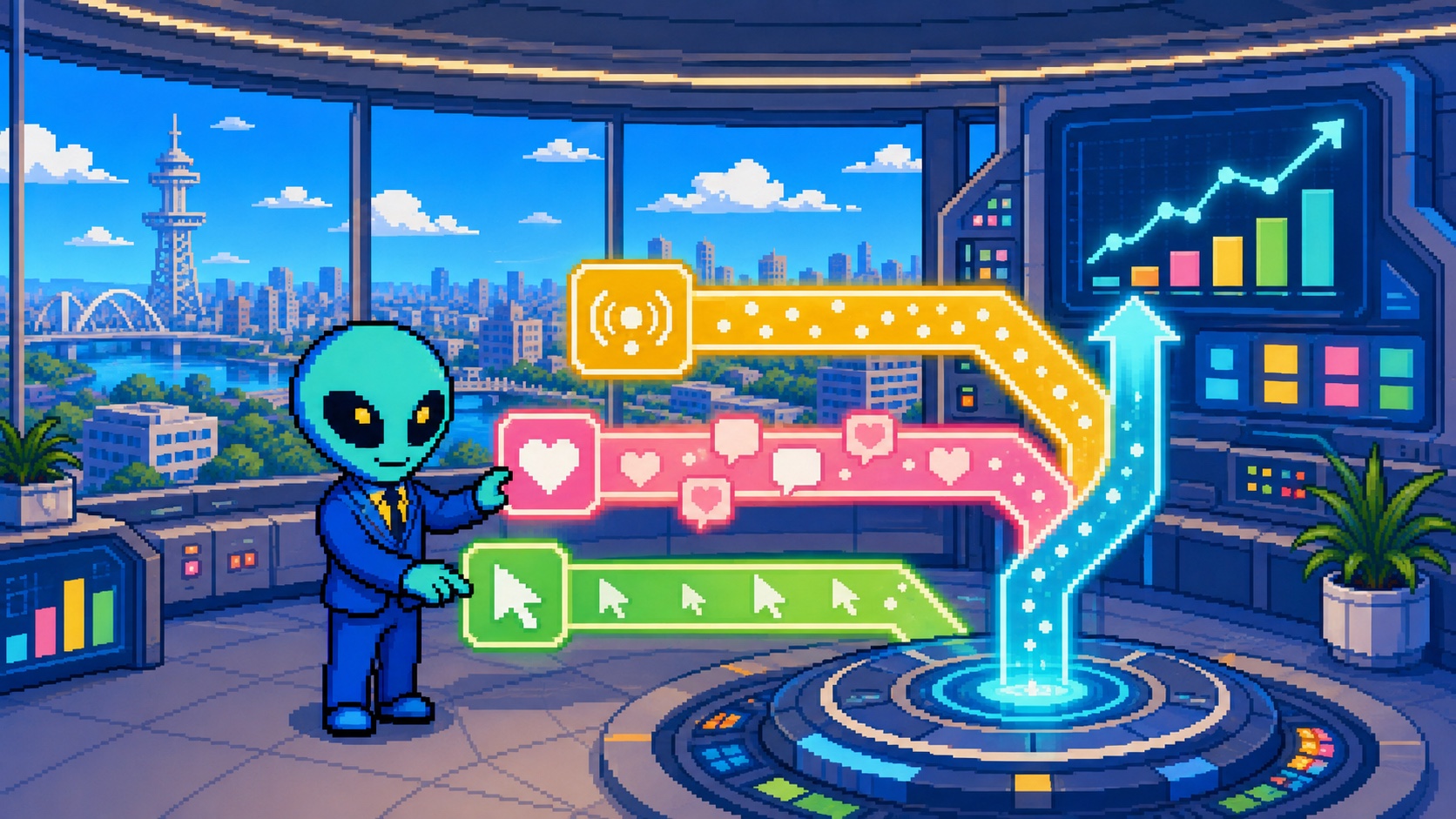 SNSの到達・反応・サイト行動を3本の指標レーンで整理するドット絵エイリアン