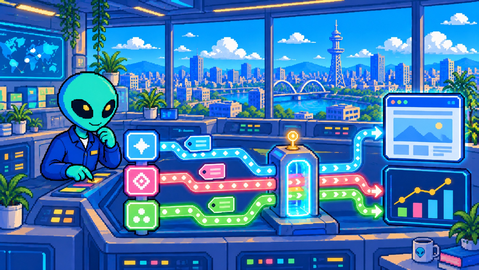 SNS投稿からサイトまで色分けした計測リンクを確認する角のないドット絵エイリアン