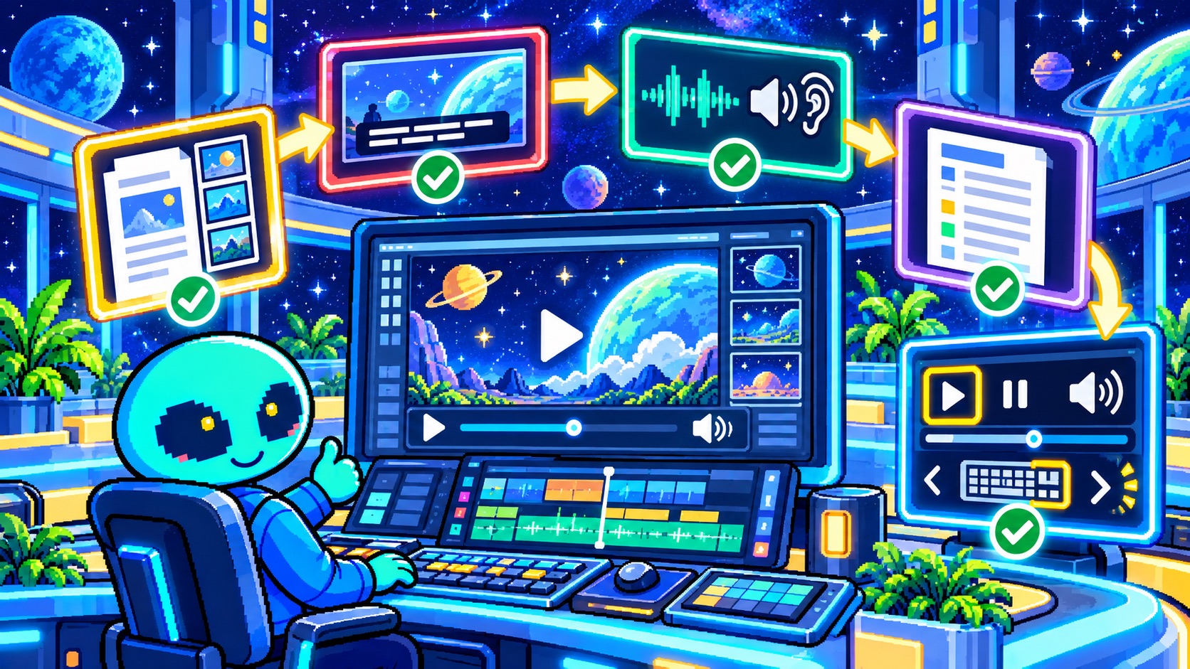 企業動画の字幕・音声解説・書き起こし・再生操作を確認する角のないドット絵エイリアン