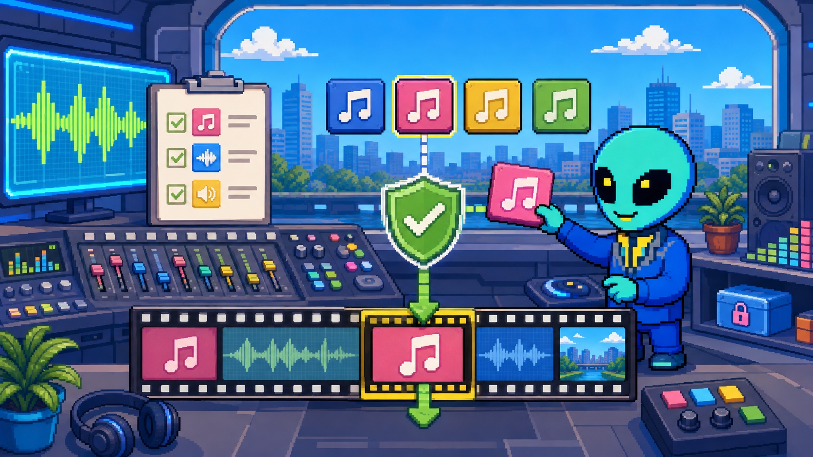 企業動画に使う音源を確認し承認済みの映像タイムラインへ送るドット絵エイリアン