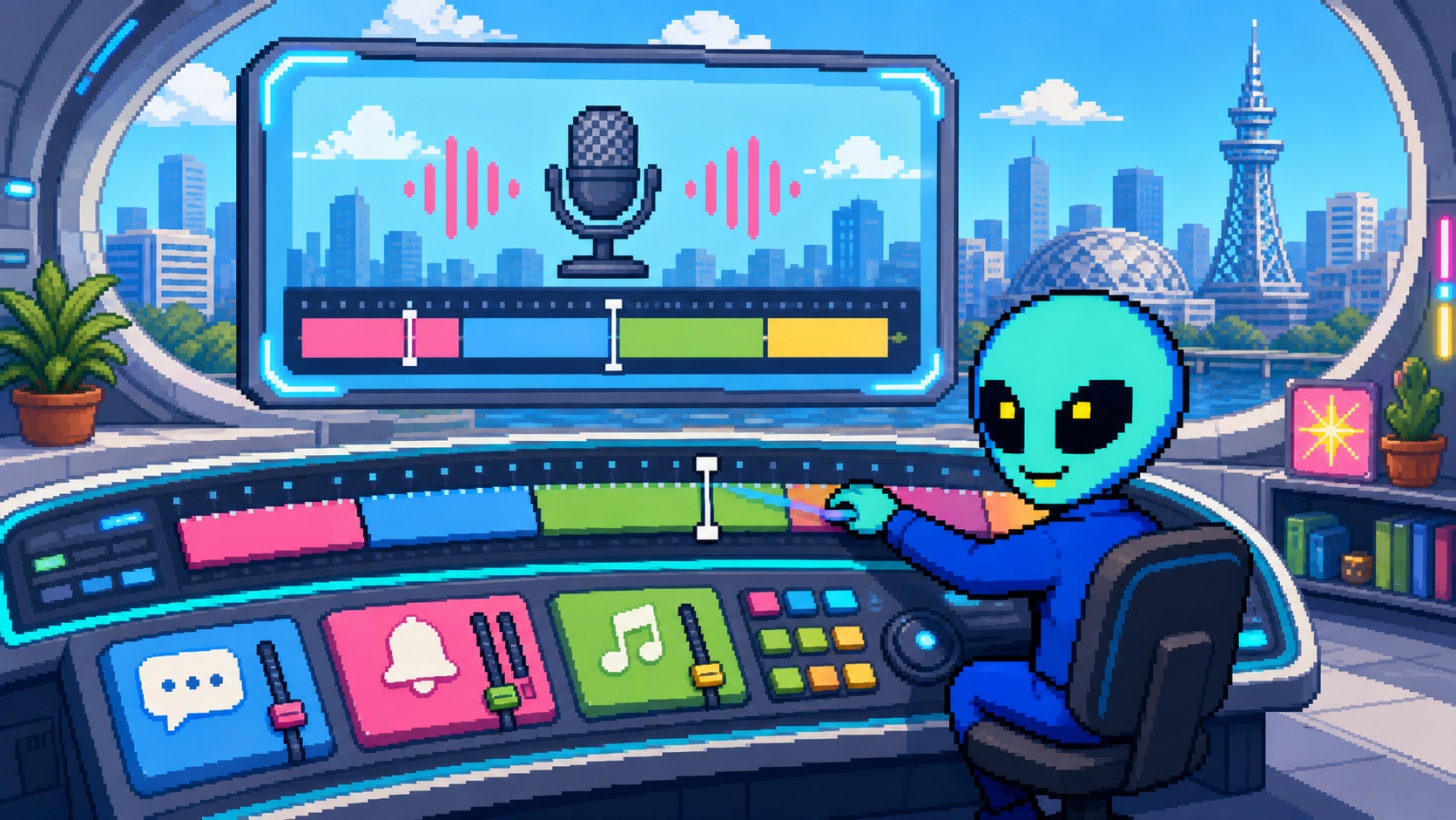 企業動画の音声波形と字幕タイミングを編集する角のないドット絵エイリアン