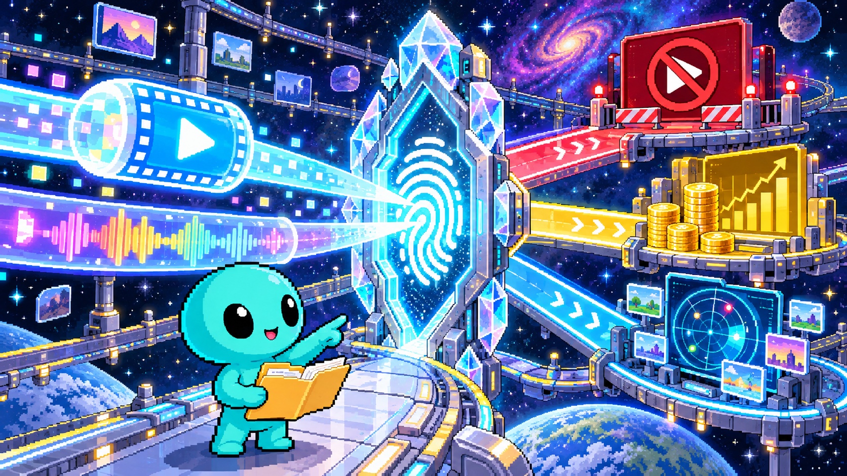 動画と音声を宇宙の照合ゲートで確認し公開制限の分岐を見守る角のないドット絵エイリアン