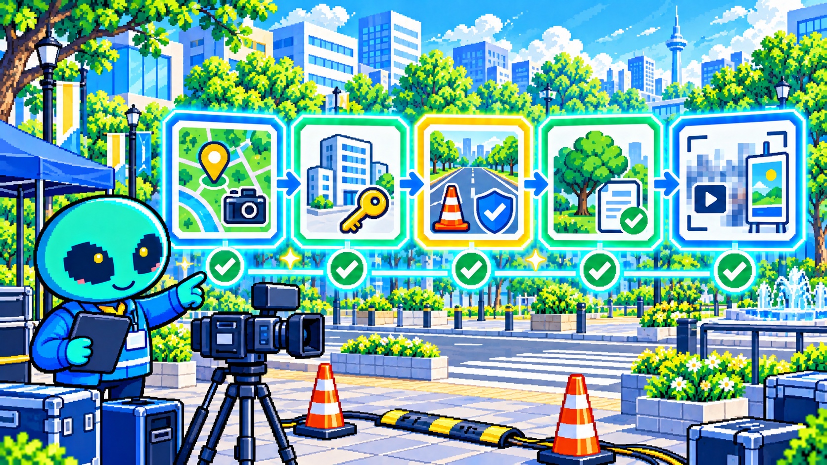 ロケハン・施設管理者・道路・公園・公開前確認を順に整える角のないドット絵エイリアン