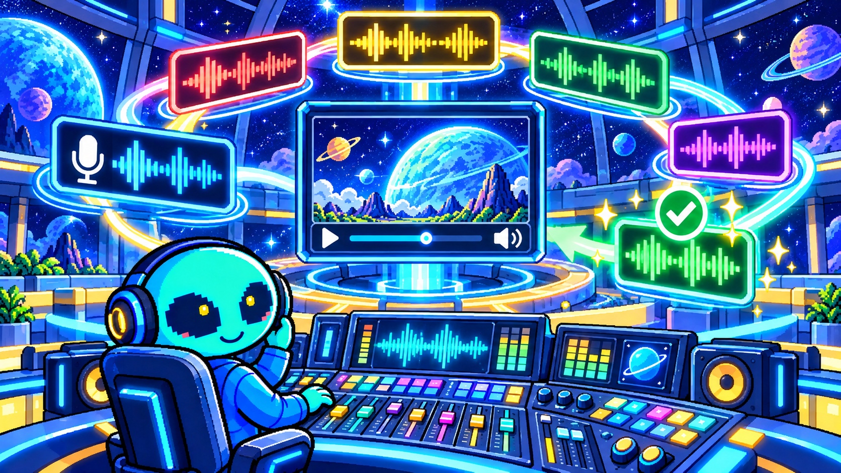 企業YouTubeの原音から複数言語の吹替音声を生成し確認して公開する角のないドット絵エイリアン